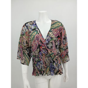 Bisou Bisou Sheer Paisley Blouse Size M Polyester V-Neck